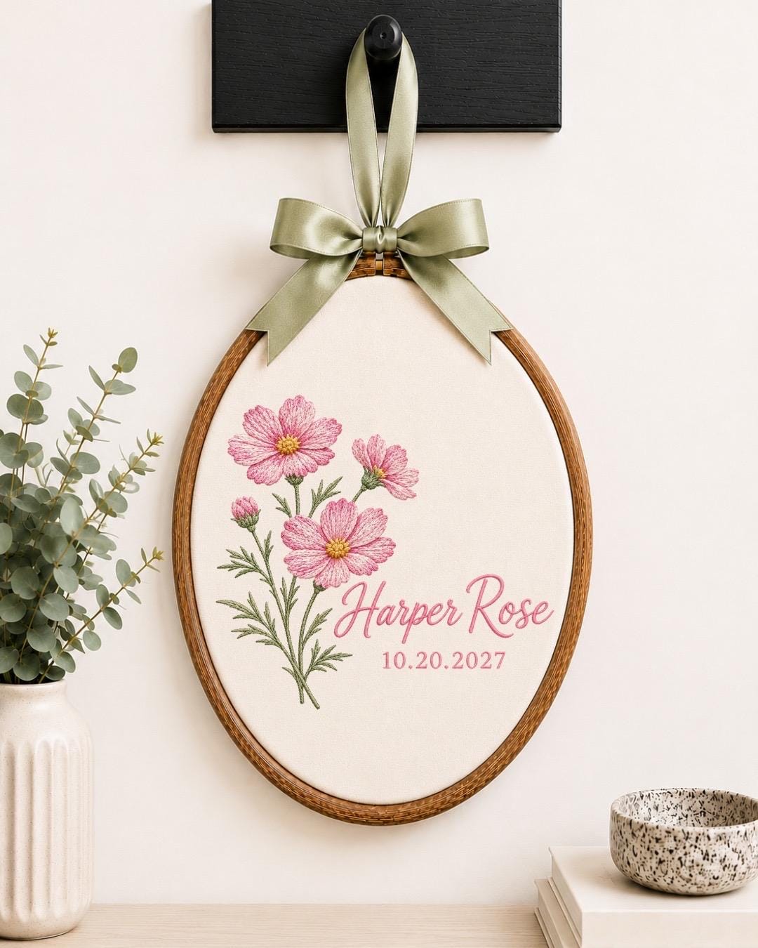 Personalized Birth Flower Embroidered Ornament, Custom Birth Month Flower Name Keepsake, Floral Baby Name Sign, Newborn Gift