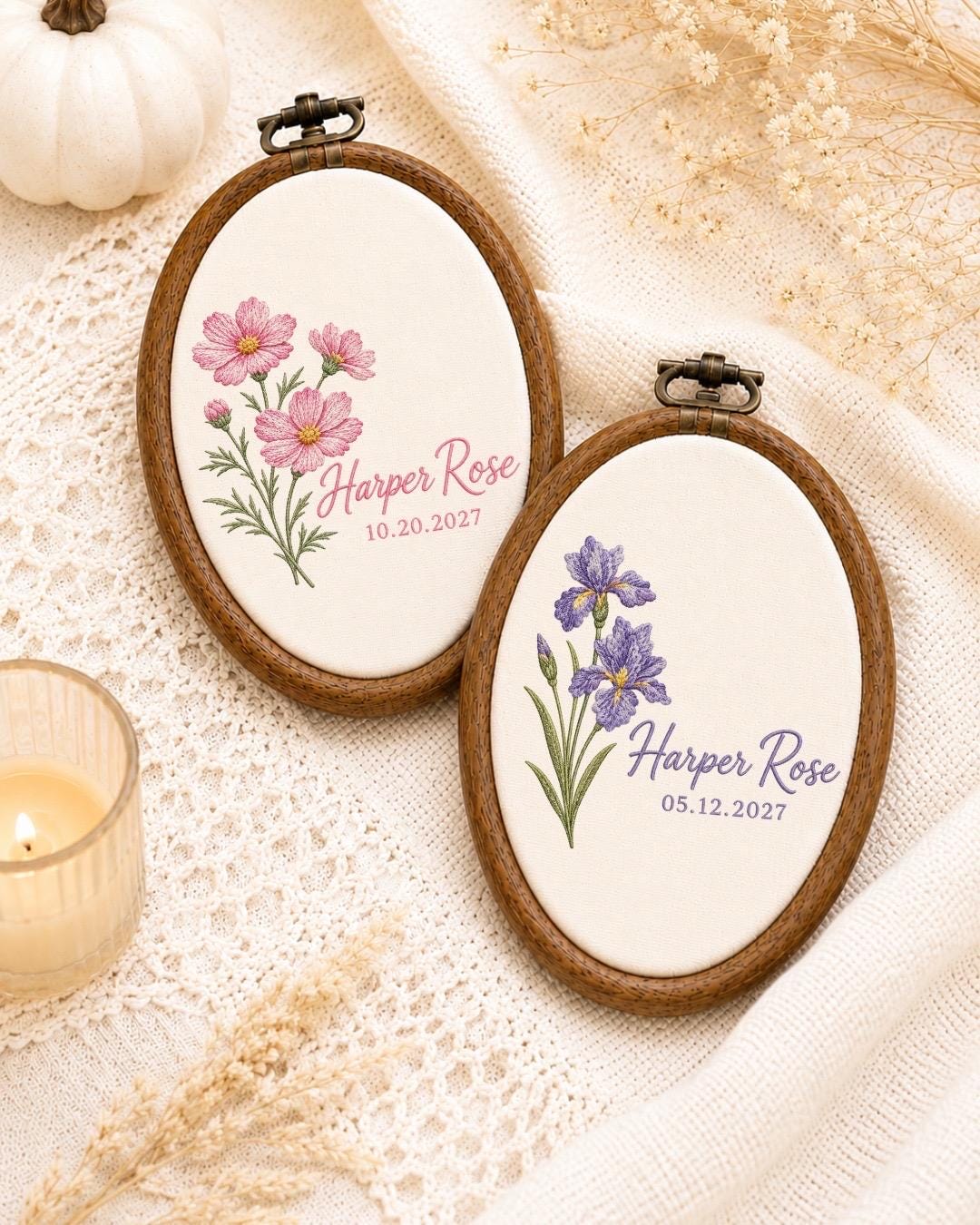 Personalized Birth Flower Embroidered Ornament, Custom Birth Month Flower Name Keepsake, Floral Baby Name Sign, Newborn Gift