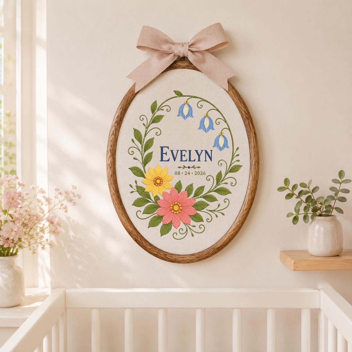 Personalized Botanical Bluebell Floral Oval Hoop Decor, Custom Embroidered Name Date Nursery Wall Hanging Sign, Newborn Keepsake Gift