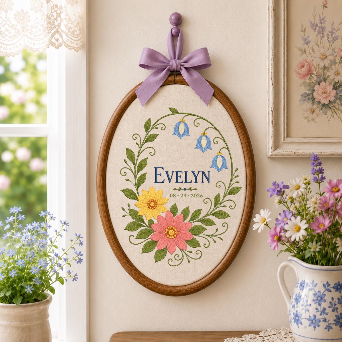 Personalized Botanical Bluebell Floral Oval Hoop Decor, Custom Embroidered Name Date Nursery Wall Hanging Sign, Newborn Keepsake Gift