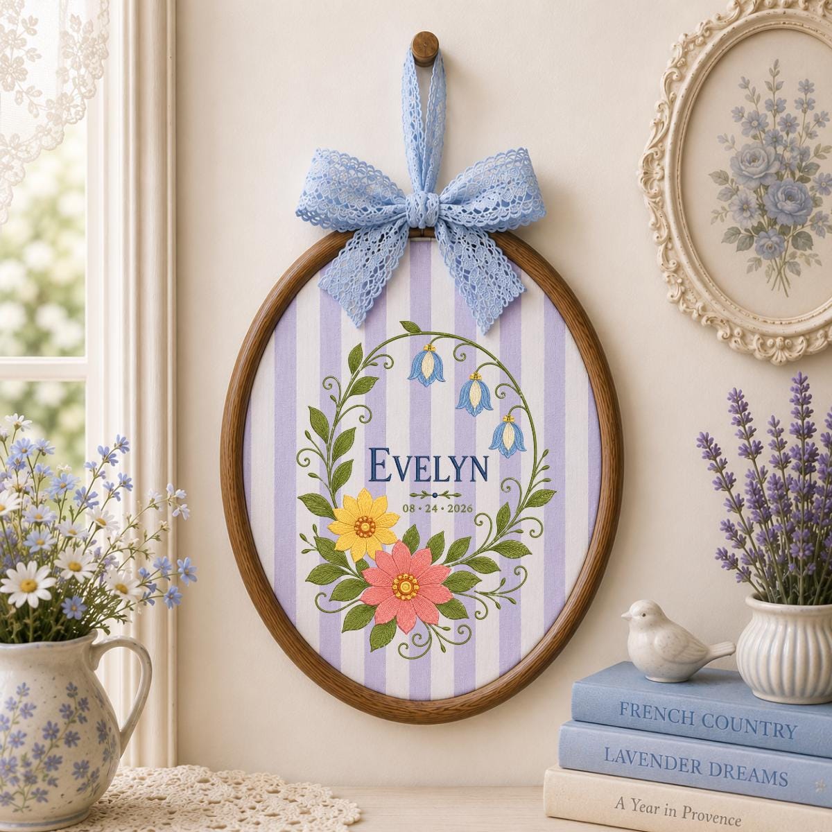 Personalized Botanical Bluebell Floral Oval Hoop Decor, Custom Embroidered Name Date Nursery Wall Hanging Sign, Newborn Keepsake Gift