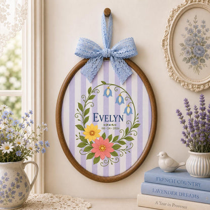Personalized Botanical Bluebell Floral Oval Hoop Decor, Custom Embroidered Name Date Nursery Wall Hanging Sign, Newborn Keepsake Gift