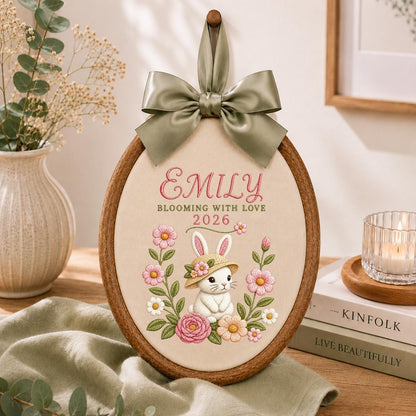 Personalized Floral Bunny Hoop Decor, Custom Embroidered Emily Blooming With Love Name Sign, Cute Baby Girl Keepsake Birthday Gift