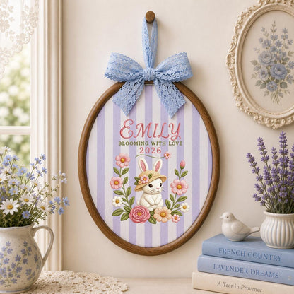 Personalized Floral Bunny Hoop Decor, Custom Embroidered Emily Blooming With Love Name Sign, Cute Baby Girl Keepsake Birthday Gift