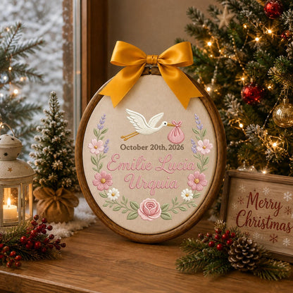 Personalized Embroidered Ornament, Baby Birth Announcement Ornament, Custom Name Stork Keepsake, Newborn Girl Gift, Floral Nursery Decor