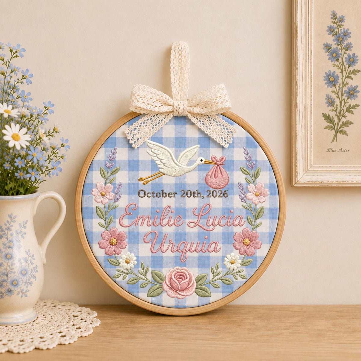 Personalized Embroidered Ornament, Baby Birth Announcement Ornament, Custom Name Stork Keepsake, Newborn Girl Gift, Floral Nursery Decor