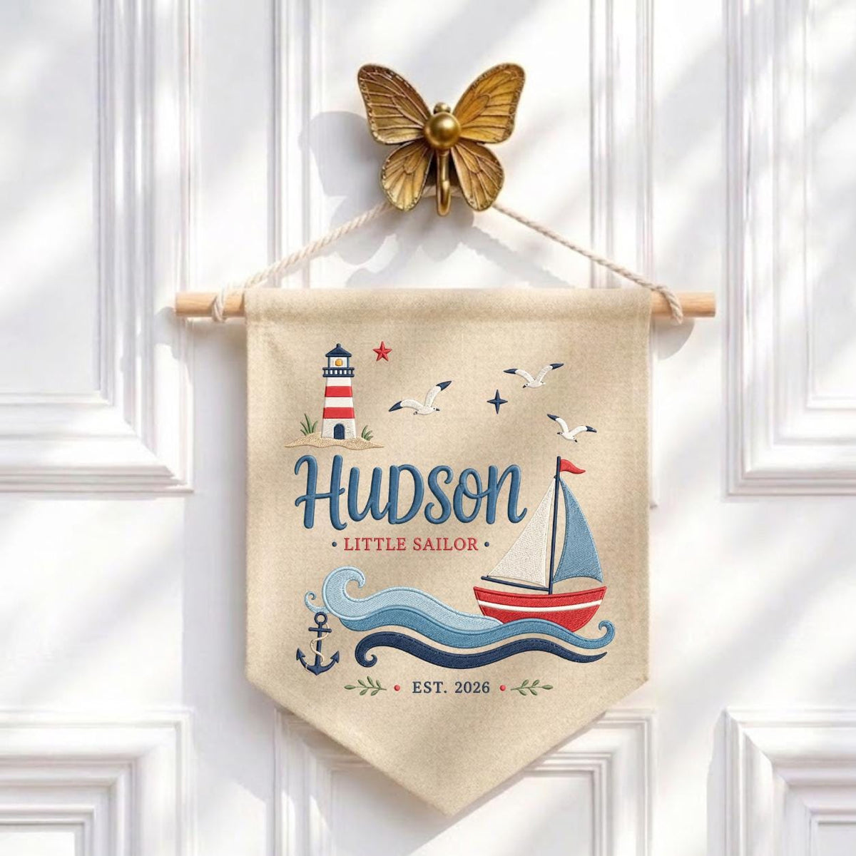 Personalized Little Sailor Canvas Pennant Decor, Custom Embroidered Hudson Ocean Anchor Wall Hanging Sign, Baby Boy Keepsake Gift