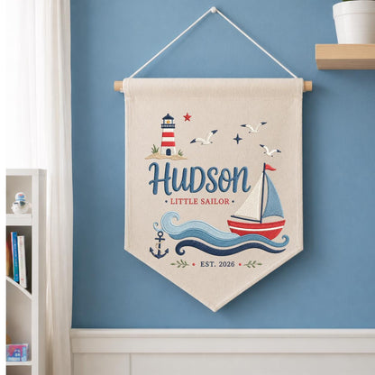 Personalized Little Sailor Canvas Pennant Decor, Custom Embroidered Hudson Ocean Anchor Wall Hanging Sign, Baby Boy Keepsake Gift