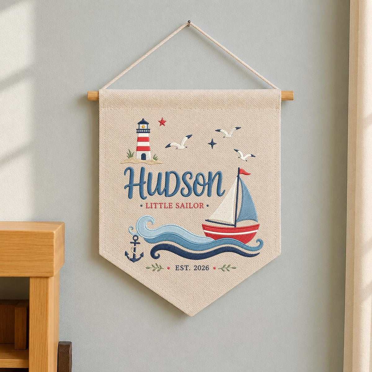 Personalized Little Sailor Canvas Pennant Decor, Custom Embroidered Hudson Ocean Anchor Wall Hanging Sign, Baby Boy Keepsake Gift