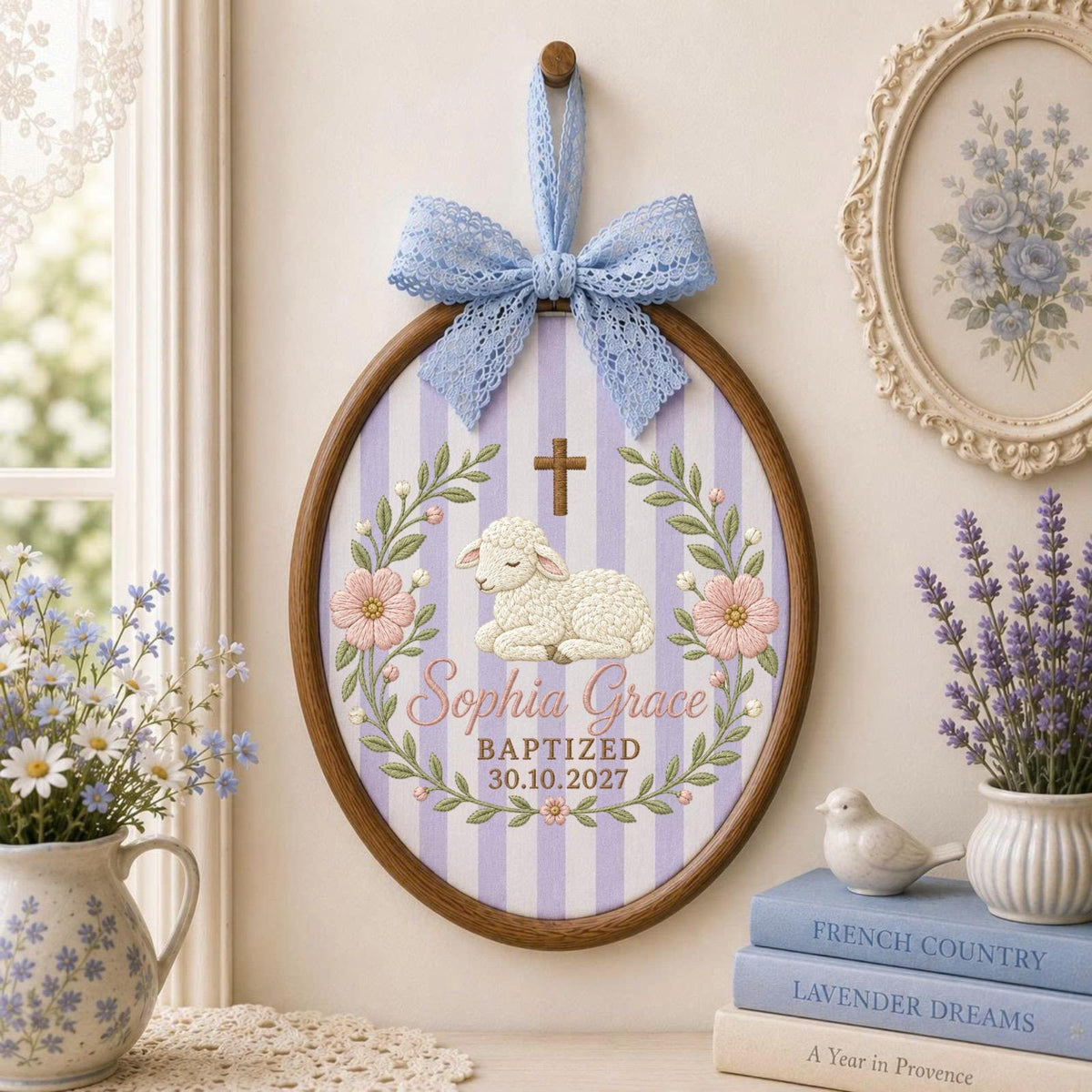Personalized Embroidered Ornament, Baptism Lamb Ornament, Custom Name Christian Keepsake, Baby Girl Baptism Gift, Floral Godchild Decor