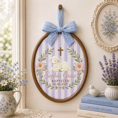Personalized Embroidered Ornament, Baptism Lamb Ornament, Custom Name Christian Keepsake, Baby Girl Baptism Gift, Floral Godchild Decor