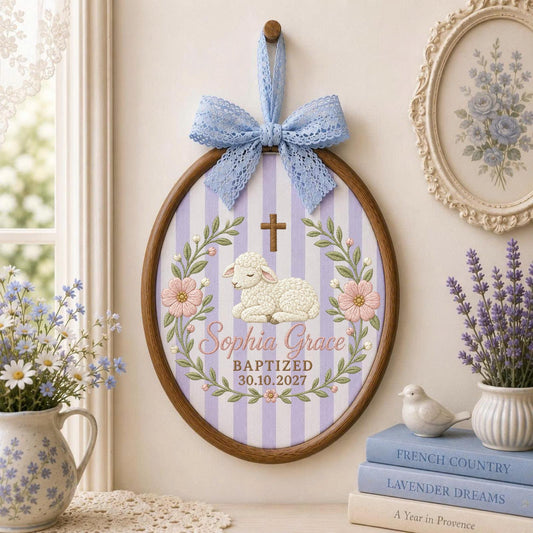 Personalized Embroidered Ornament, Baptism Lamb Ornament, Custom Name Christian Keepsake, Baby Girl Baptism Gift, Floral Godchild Decor