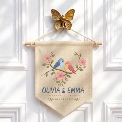 Personalized Sister Love Birds Canvas Pennant Decor, Custom Embroidered Olivia Emma Forever Together Name Sign, Keepsake Couple Gift