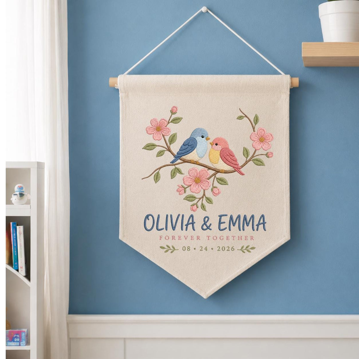 Personalized Sister Love Birds Canvas Pennant Decor, Custom Embroidered Olivia Emma Forever Together Name Sign, Keepsake Couple Gift