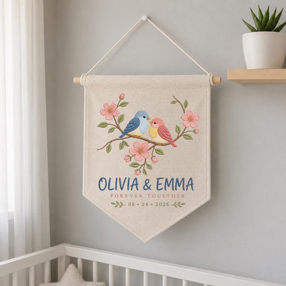 Personalized Sister Love Birds Canvas Pennant Decor, Custom Embroidered Olivia Emma Forever Together Name Sign, Keepsake Couple Gift