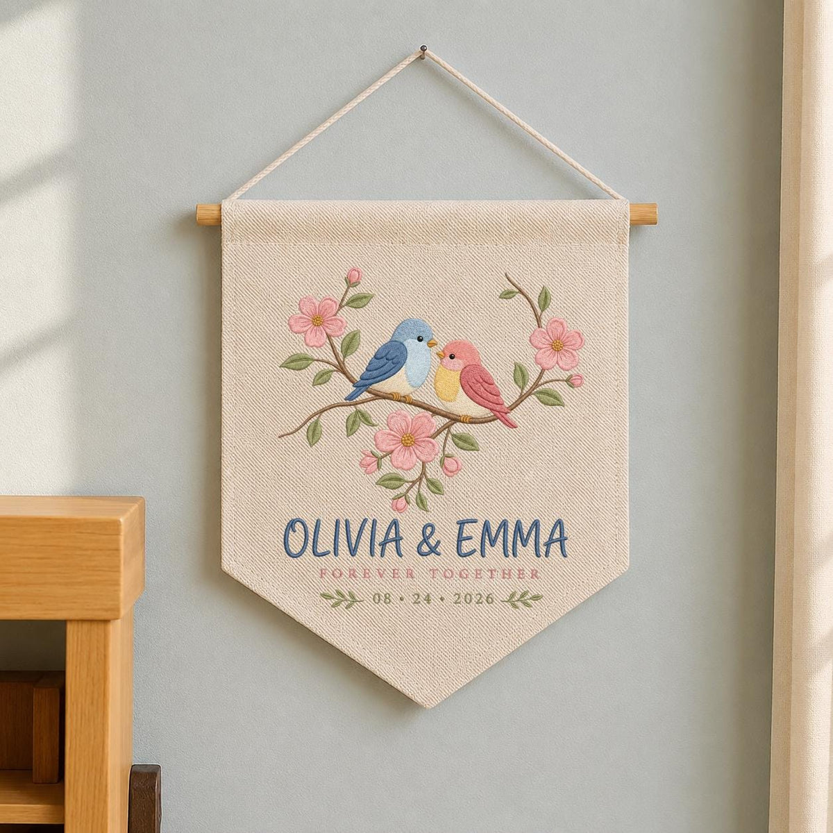 Personalized Sister Love Birds Canvas Pennant Decor, Custom Embroidered Olivia Emma Forever Together Name Sign, Keepsake Couple Gift