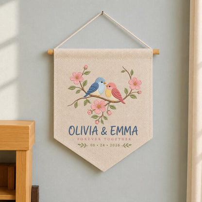 Personalized Sister Love Birds Canvas Pennant Decor, Custom Embroidered Olivia Emma Forever Together Name Sign, Keepsake Couple Gift
