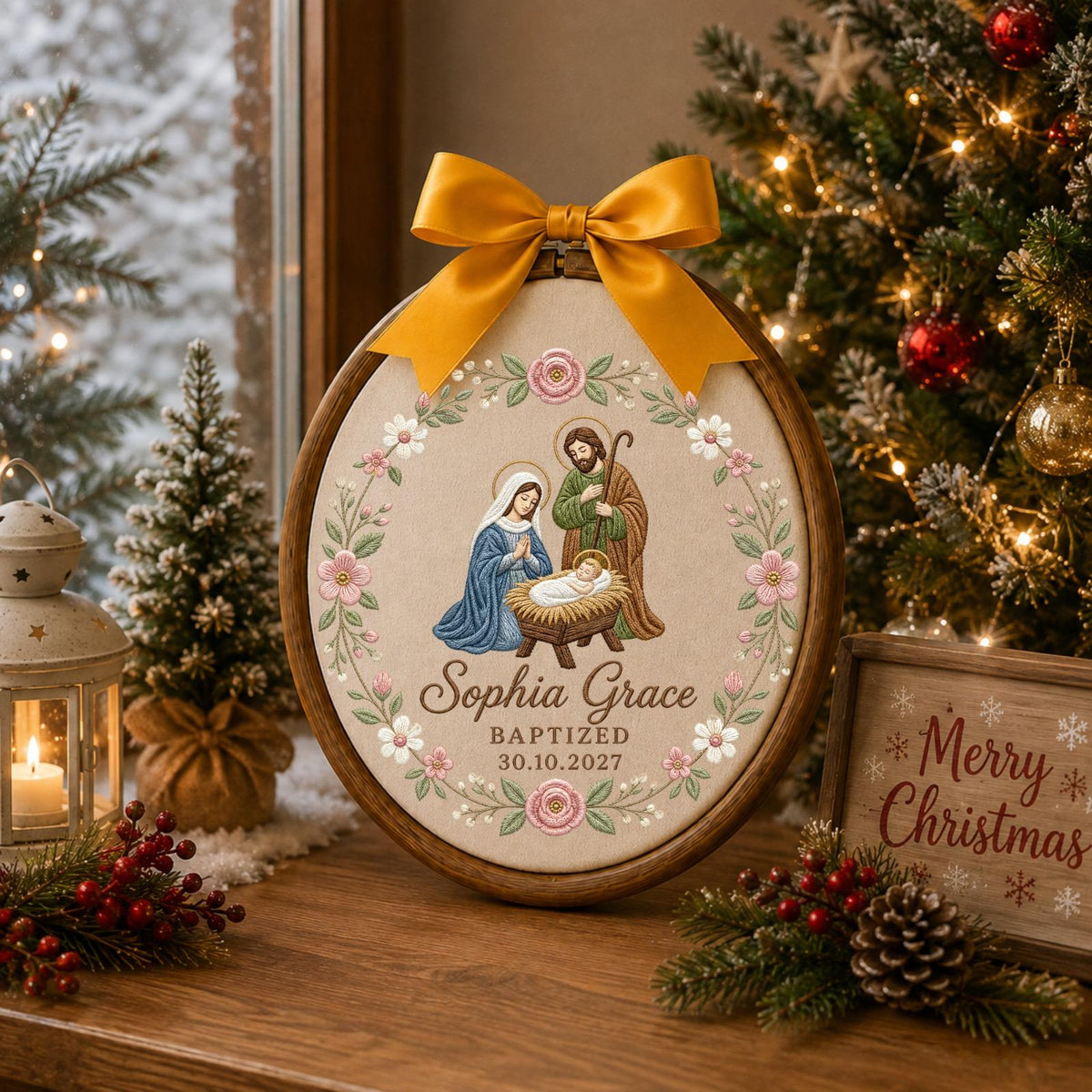 Personalized Embroidered Ornament, Holy Family Baptism Ornament, Custom Name Christian Keepsake, Baby Girl Baptism Gift, Religious