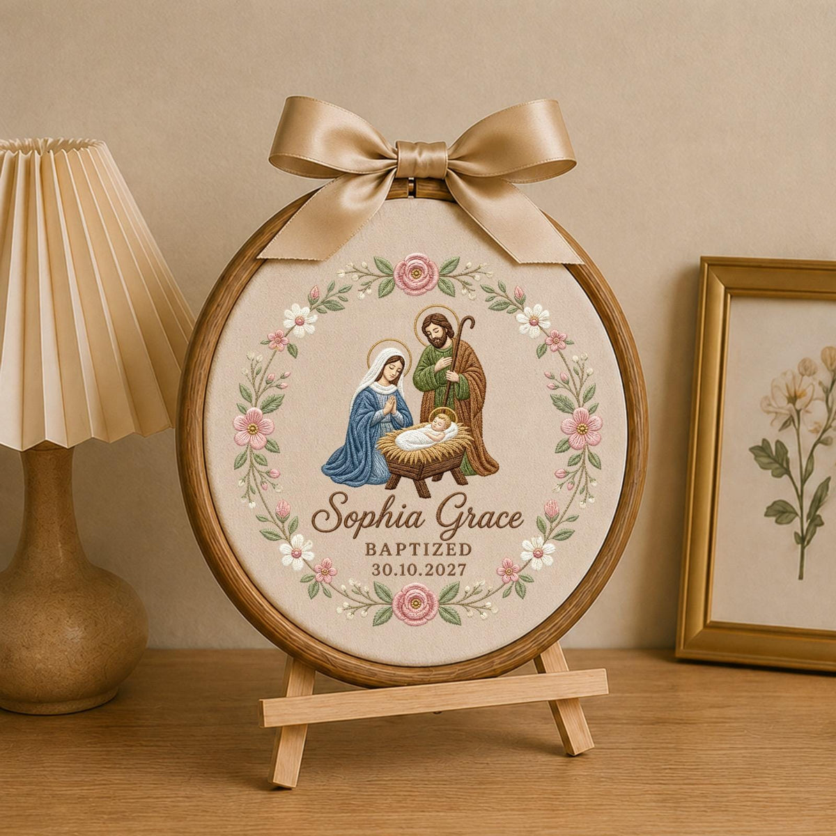 Personalized Embroidered Ornament, Holy Family Baptism Ornament, Custom Name Christian Keepsake, Baby Girl Baptism Gift, Religious