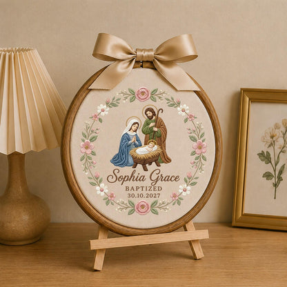 Personalized Embroidered Ornament, Holy Family Baptism Ornament, Custom Name Christian Keepsake, Baby Girl Baptism Gift, Religious