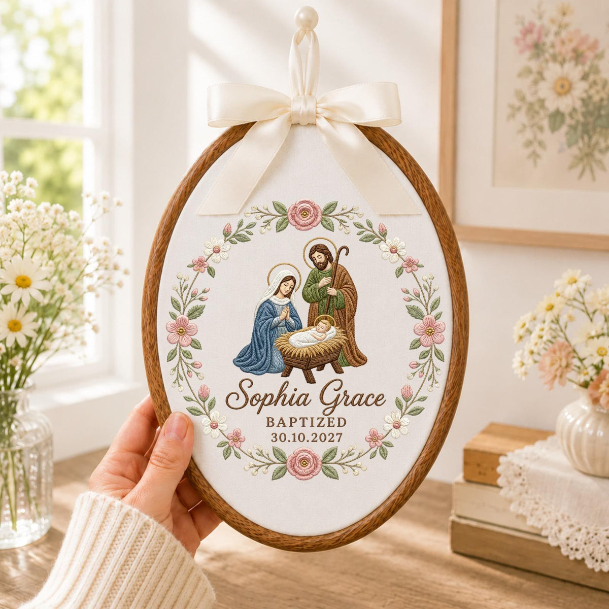 Personalized Embroidered Ornament, Holy Family Baptism Ornament, Custom Name Christian Keepsake, Baby Girl Baptism Gift, Religious