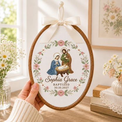Personalized Embroidered Ornament, Holy Family Baptism Ornament, Custom Name Christian Keepsake, Baby Girl Baptism Gift, Religious