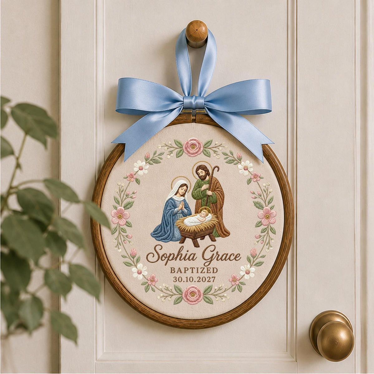 Personalized Embroidered Ornament, Holy Family Baptism Ornament, Custom Name Christian Keepsake, Baby Girl Baptism Gift, Religious