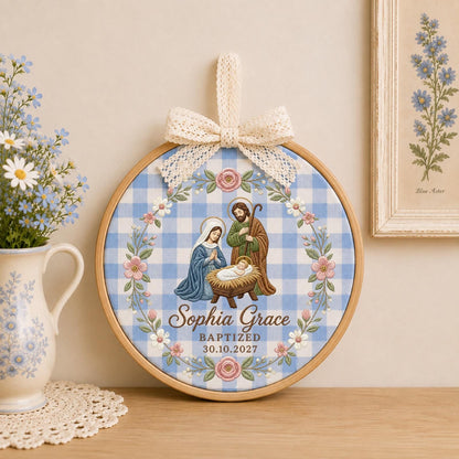 Personalized Embroidered Ornament, Holy Family Baptism Ornament, Custom Name Christian Keepsake, Baby Girl Baptism Gift, Religious