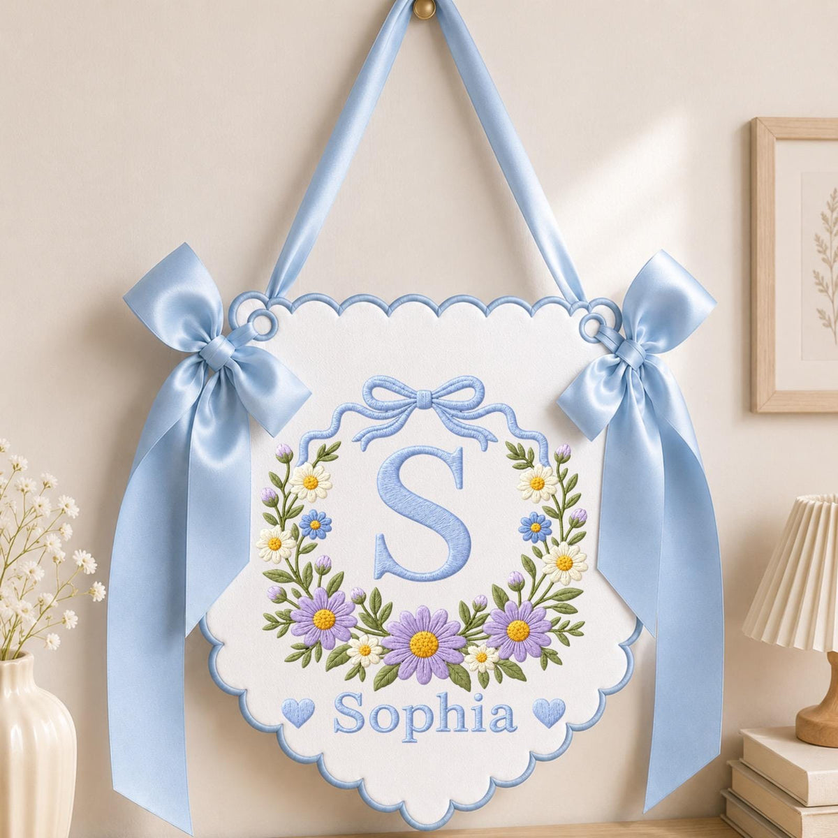 Personalized Embroidered Baby Name Banner, Floral Monogram Nursery Wall Hanging, Custom Initial Sign, Baby Girl Nursery Decor, Baby Shower