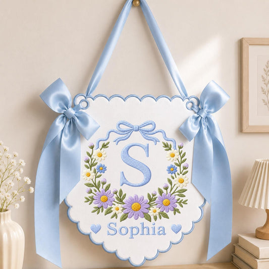 Personalized Embroidered Baby Name Banner, Floral Monogram Nursery Wall Hanging, Custom Initial Sign, Baby Girl Nursery Decor, Baby Shower