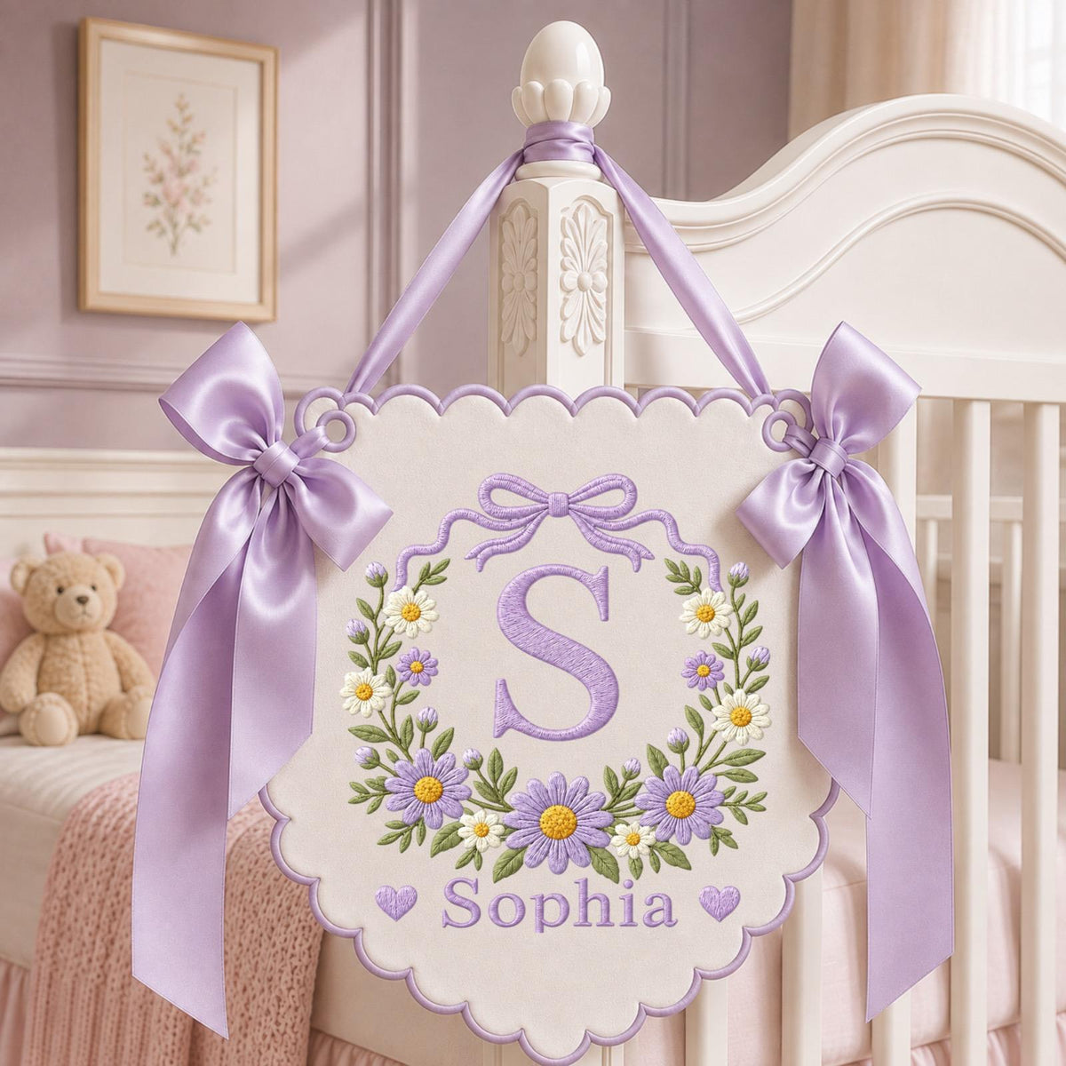 Personalized Embroidered Baby Name Banner, Floral Monogram Nursery Wall Hanging, Custom Initial Sign, Baby Girl Nursery Decor, Baby Shower
