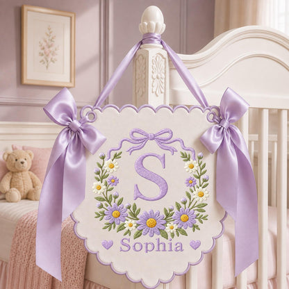 Personalized Embroidered Baby Name Banner, Floral Monogram Nursery Wall Hanging, Custom Initial Sign, Baby Girl Nursery Decor, Baby Shower