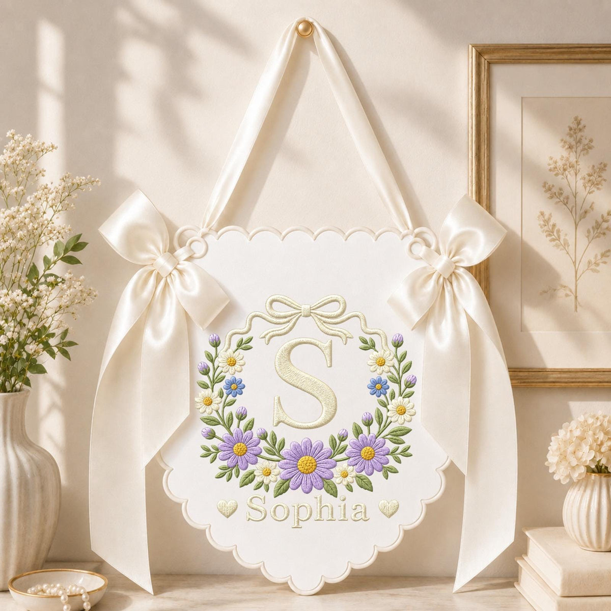 Personalized Embroidered Baby Name Banner, Floral Monogram Nursery Wall Hanging, Custom Initial Sign, Baby Girl Nursery Decor, Baby Shower