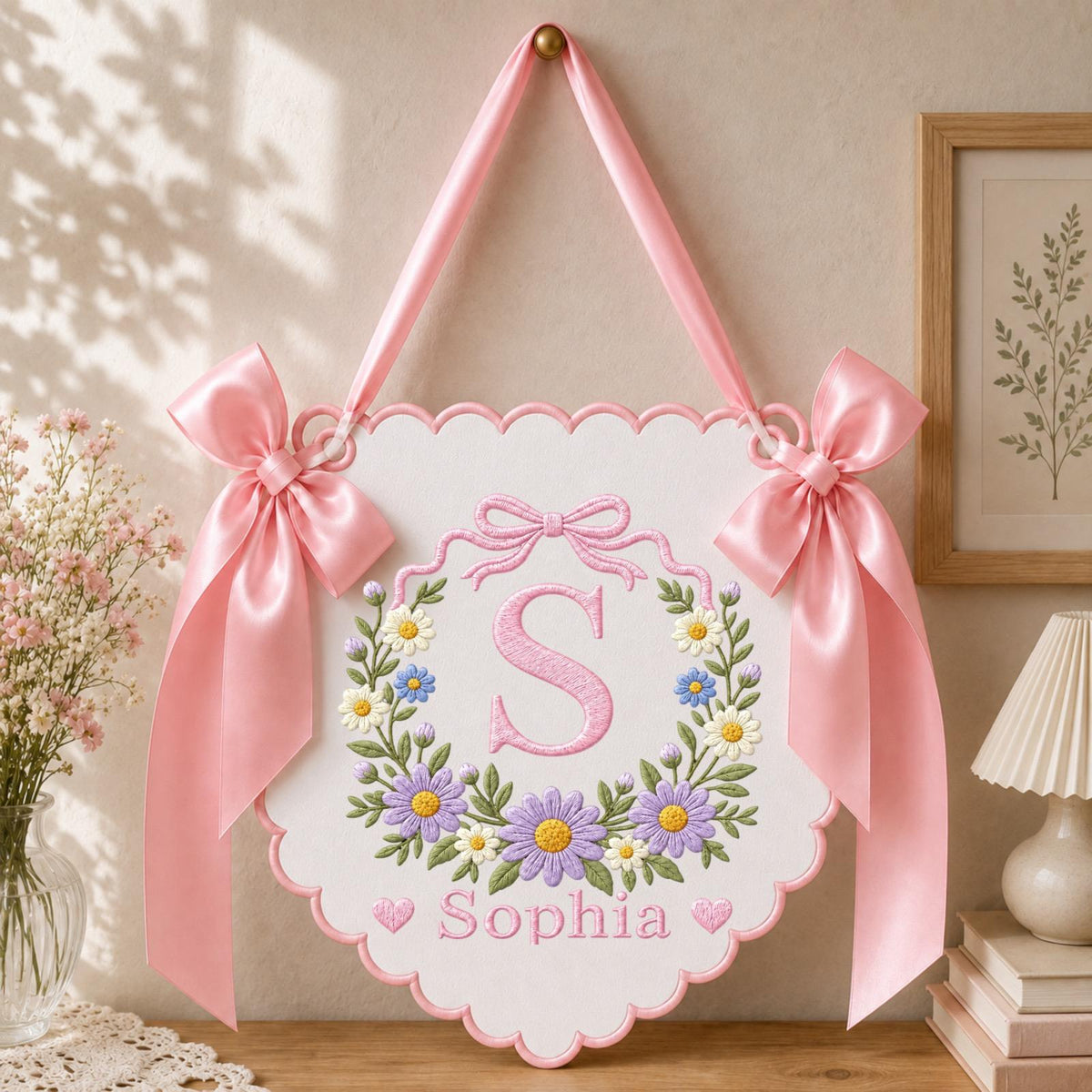Personalized Embroidered Baby Name Banner, Floral Monogram Nursery Wall Hanging, Custom Initial Sign, Baby Girl Nursery Decor, Baby Shower