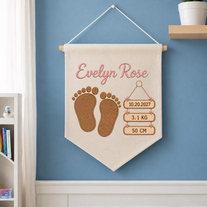 Personalized Embroidered Baby Birth Announcement Banner, Custom Baby Name Wall Hanging, Birth Stats Nursery Decor, Newborn Keepsake Gift