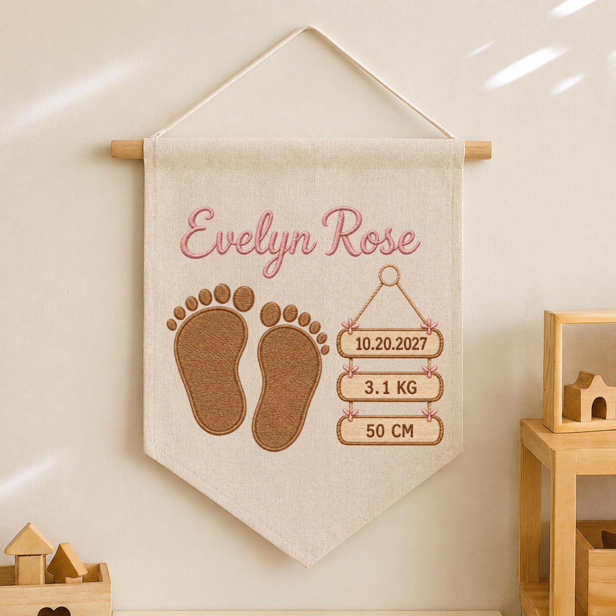 Personalized Embroidered Baby Birth Announcement Banner, Custom Baby Name Wall Hanging, Birth Stats Nursery Decor, Newborn Keepsake Gift