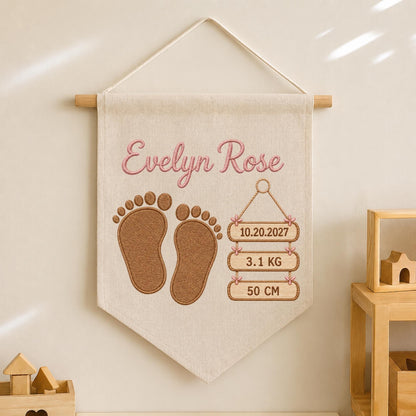 Personalized Embroidered Baby Birth Announcement Banner, Custom Baby Name Wall Hanging, Birth Stats Nursery Decor, Newborn Keepsake Gift
