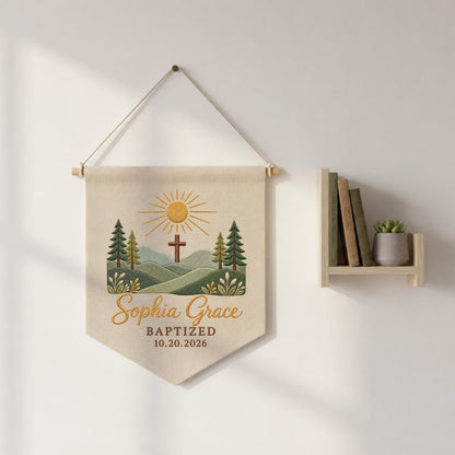Personalized Embroidered Baptism Wall Hanging Banner, Custom Baby Name Cross Sign, Christian Baptism Gift, Religious Nursery Decor