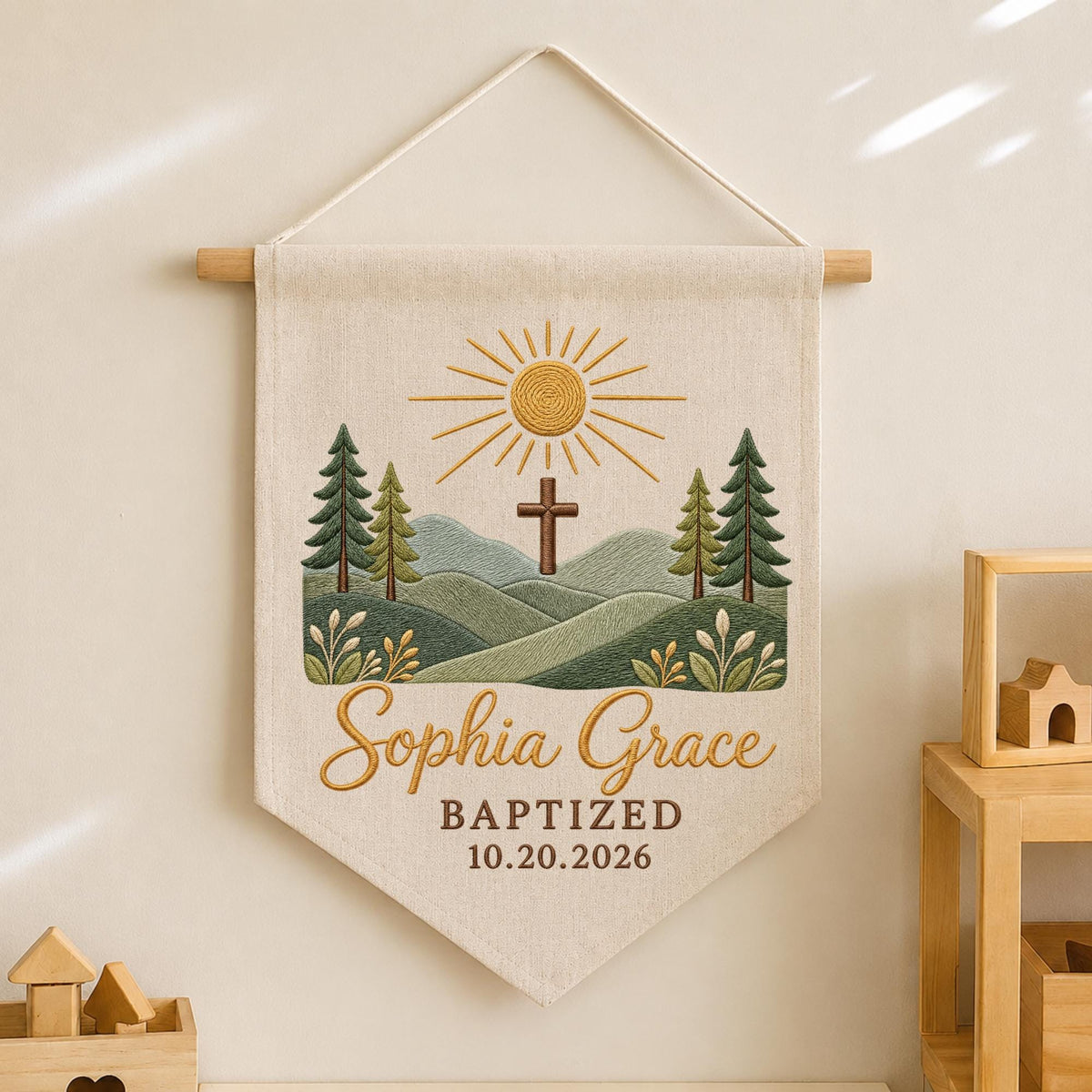 Personalized Embroidered Baptism Wall Hanging Banner, Custom Baby Name Cross Sign, Christian Baptism Gift, Religious Nursery Decor