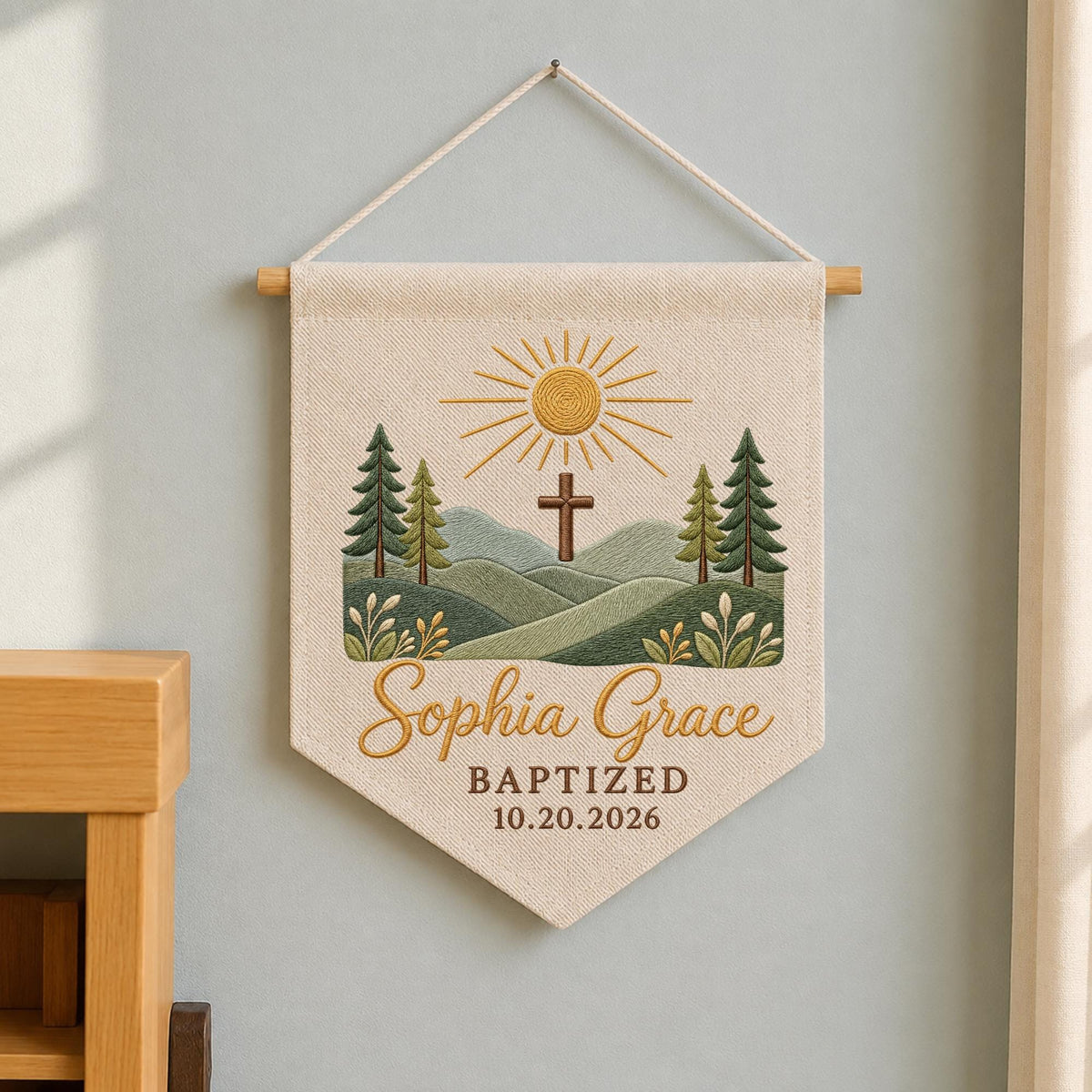 Personalized Embroidered Baptism Wall Hanging Banner, Custom Baby Name Cross Sign, Christian Baptism Gift, Religious Nursery Decor
