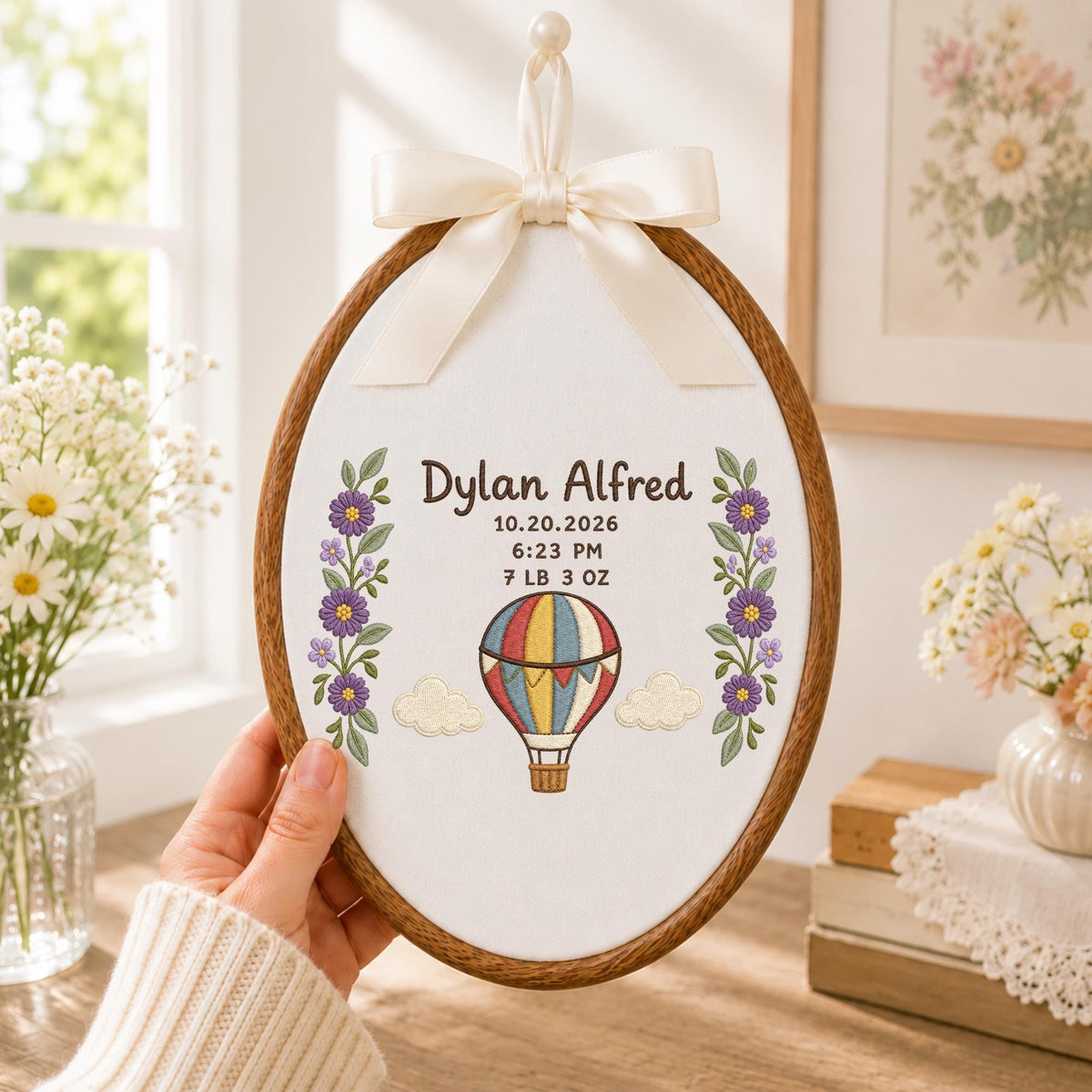 Personalized Embroidered Ornament, Baby Birth Announcement Ornament, Hot Air Balloon Birth Stats, Custom Newborn Keepsake, Baby Name Gift