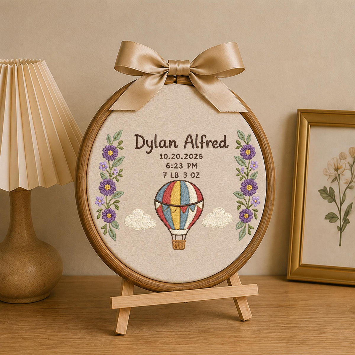 Personalized Embroidered Ornament, Baby Birth Announcement Ornament, Hot Air Balloon Birth Stats, Custom Newborn Keepsake, Baby Name Gift