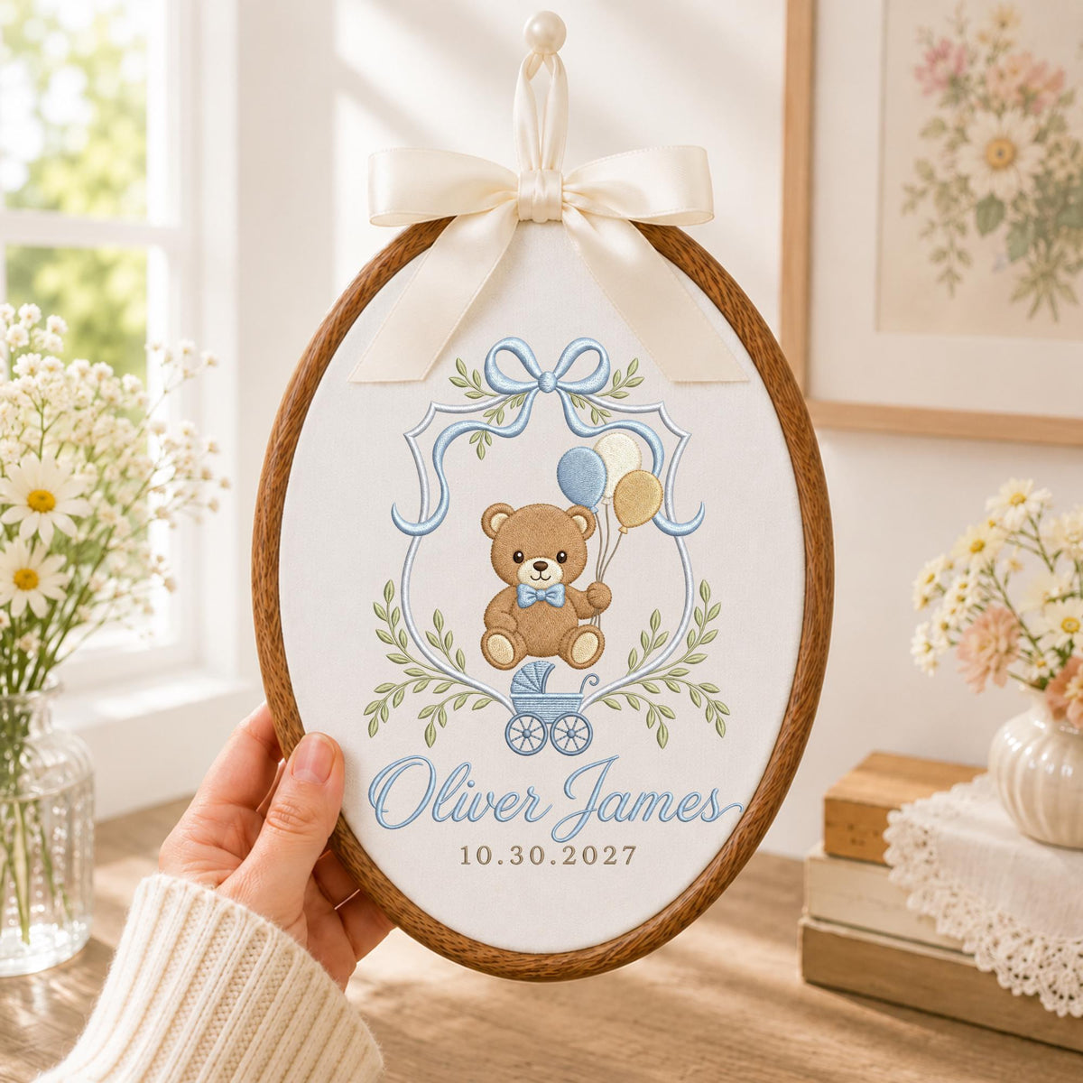 Personalized Embroidered Ornament, Teddy Bear Baby Name Ornament, Custom Newborn Keepsake, Baby Boy Nursery Gift, Birth Date Decor