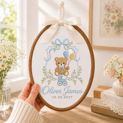 Personalized Embroidered Ornament, Teddy Bear Baby Name Ornament, Custom Newborn Keepsake, Baby Boy Nursery Gift, Birth Date Decor