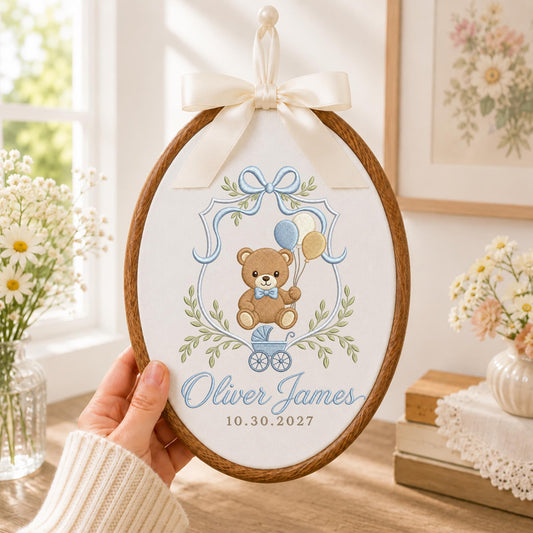Personalized Embroidered Ornament, Teddy Bear Baby Name Ornament, Custom Newborn Keepsake, Baby Boy Nursery Gift, Birth Date Decor
