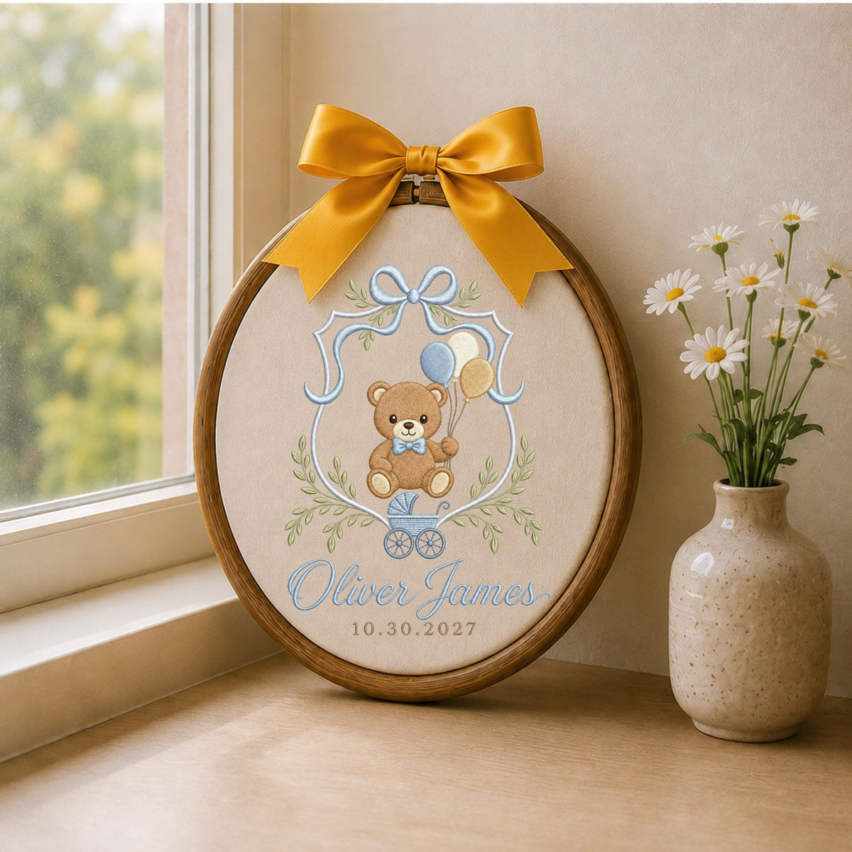 Personalized Embroidered Ornament, Teddy Bear Baby Name Ornament, Custom Newborn Keepsake, Baby Boy Nursery Gift, Birth Date Decor