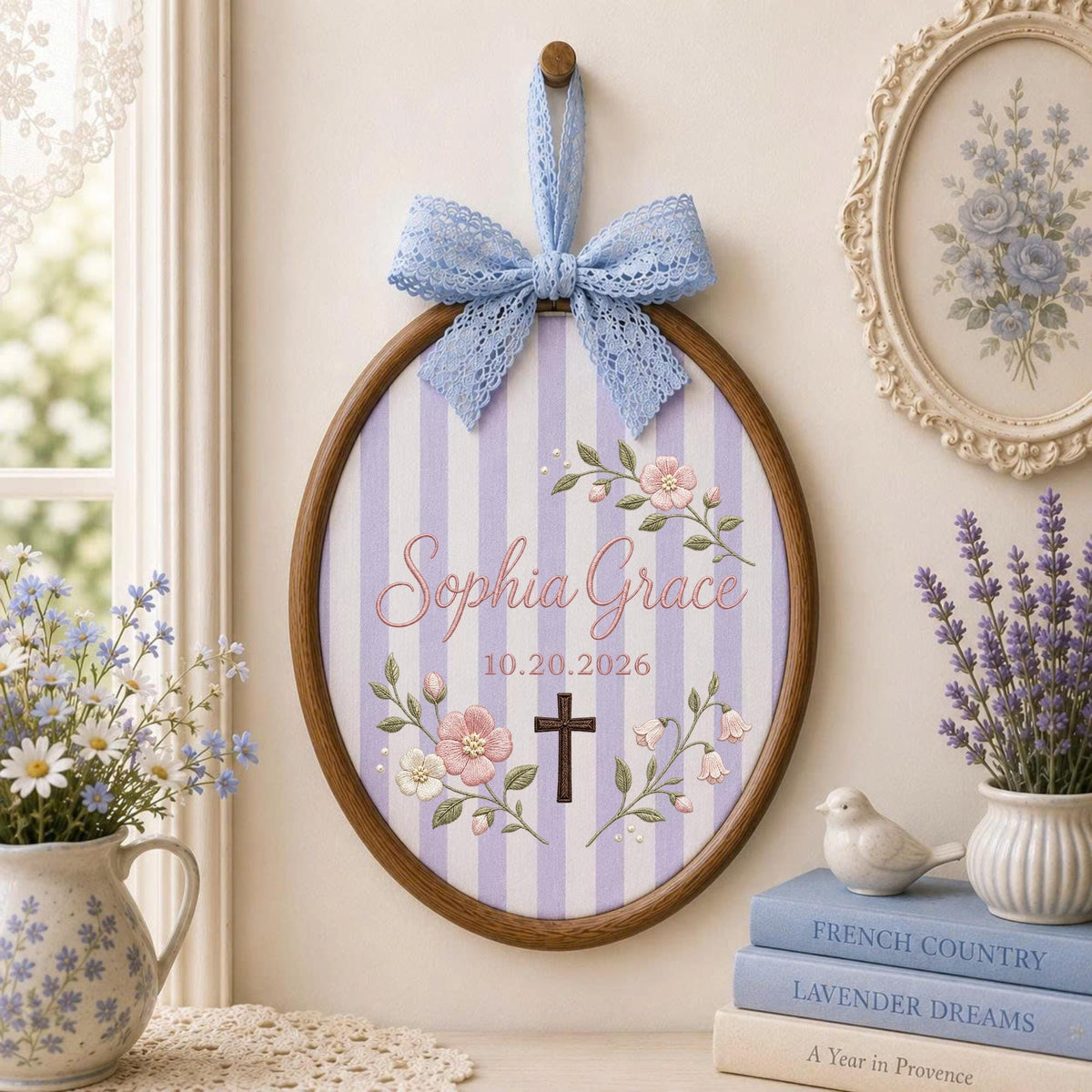 Personalized Embroidered Ornament, Baptism Cross Ornament, Custom Name Christian Keepsake, Floral Baby Girl Baptism Gift, Godchild Gift