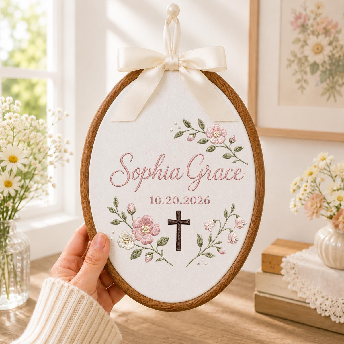 Personalized Embroidered Ornament, Baptism Cross Ornament, Custom Name Christian Keepsake, Floral Baby Girl Baptism Gift, Godchild Gift