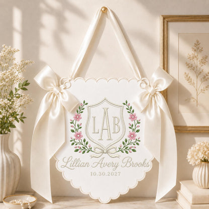 Personalized Embroidered Baby Name Banner, Floral Monogram Nursery Wall Hanging, Custom Initial Sign, Baby Girl Nursery Decor, Newborn Gift
