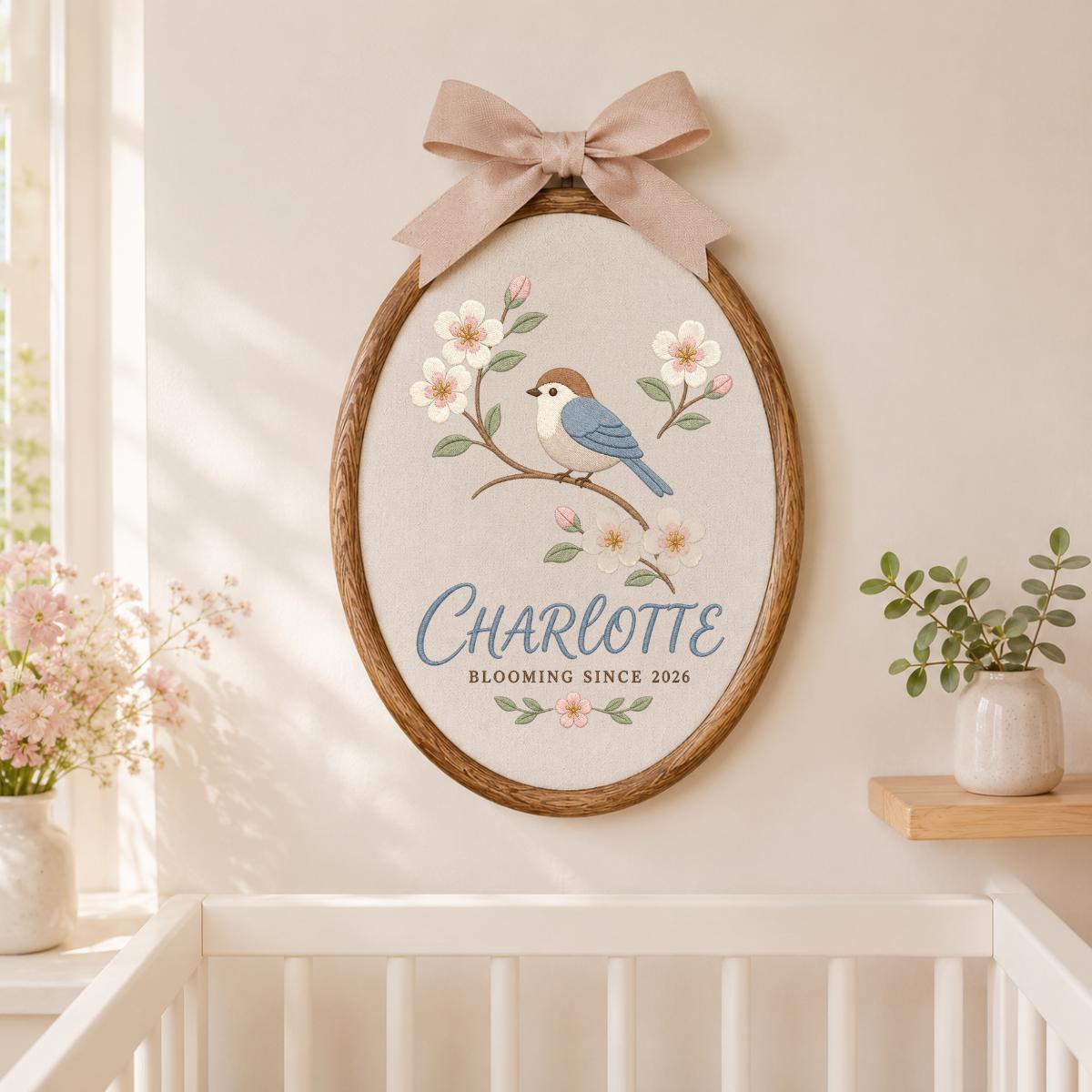 Custom Name Songbird Embroidered Round Hoop Decor, Blue Satin Bow Flower Branch Baby Girl Room Wall Hanging Sign, Baby Shower Gift